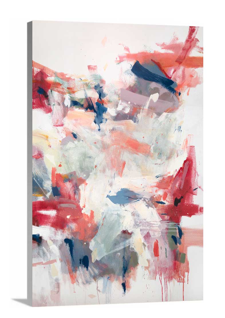 A side-angle view of a red and white abstract print by Kelly Rossetti on canvas.