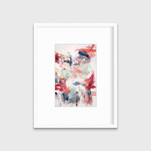 A red and white abstract print in a white frame with a mat hangs on a white wall.