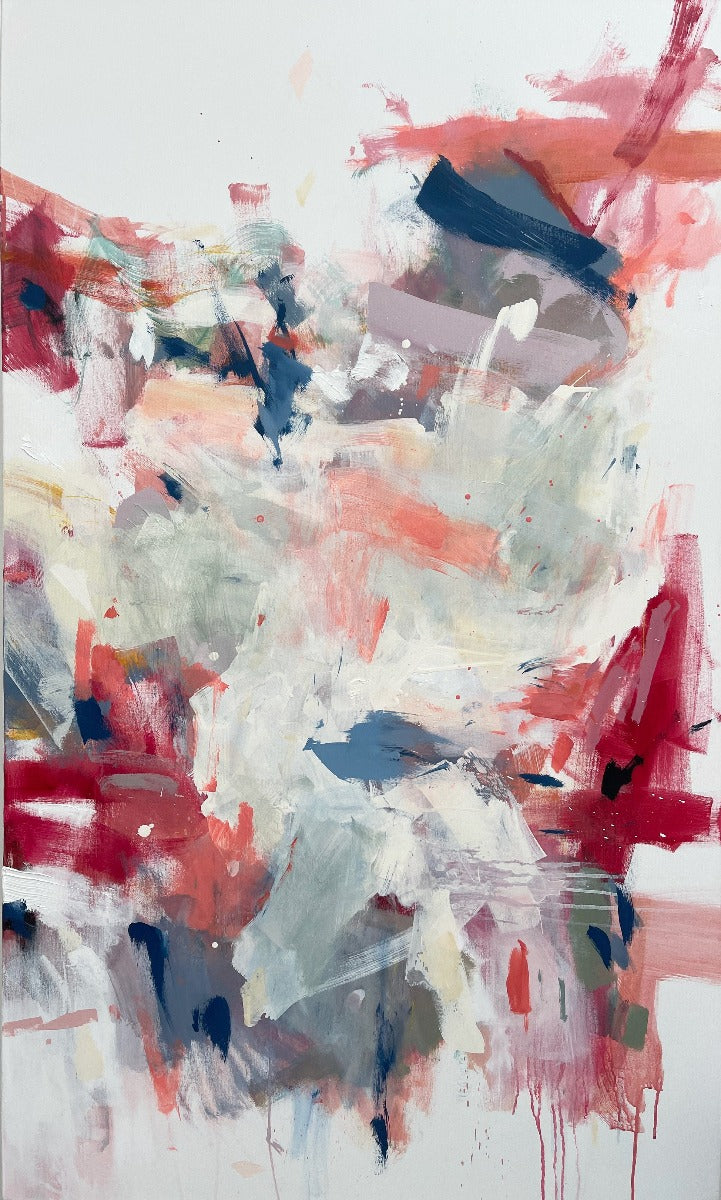 A red and white abstract painting by Kelly Rossetti with blue, light green and orange accents.