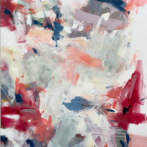 A red and white abstract painting by Kelly Rossetti with blue, light green and orange accents.