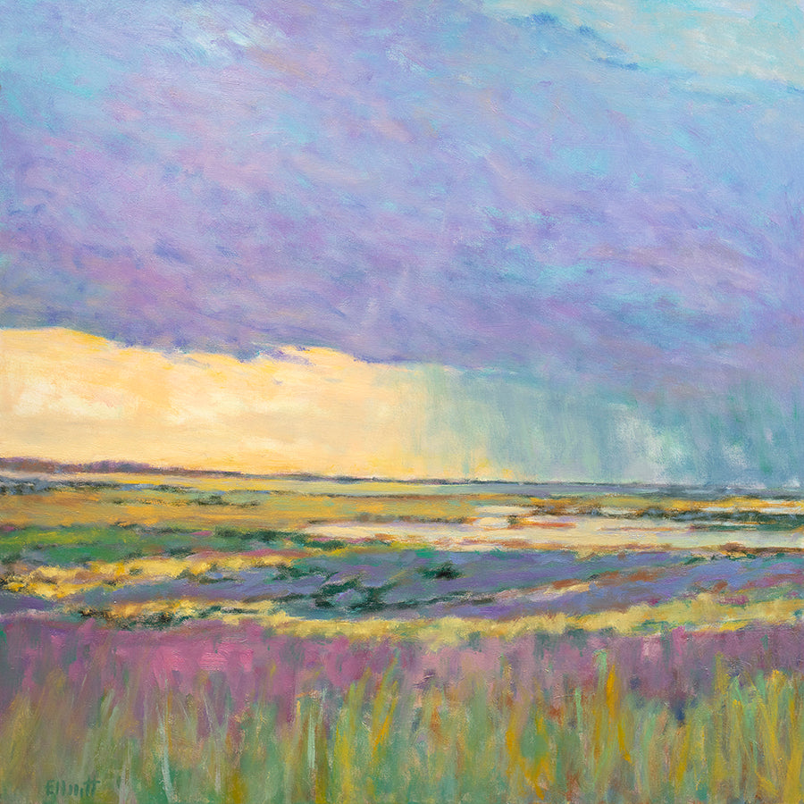 A painted scene of a yellow and green marsh with hints of pink and purple and cool colored clouds above the light of the sun. 