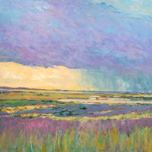 A painted scene of a yellow and green marsh with hints of pink and purple and cool colored clouds above the light of the sun. 