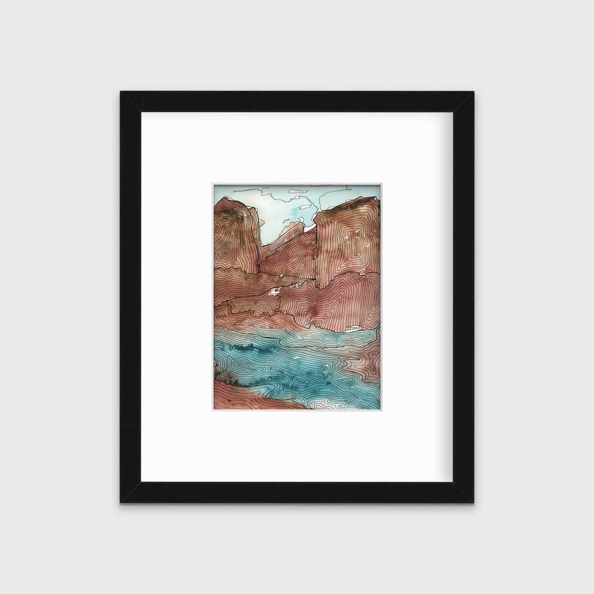 A teal, brown and black abstract landscape print in a black frame with a mat hangs on a white wall.