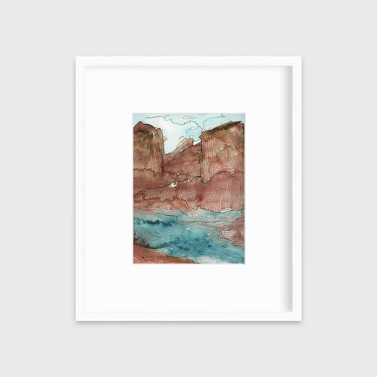 A teal, brown and black abstract landscape print in a white frame with a mat hangs on a white wall.