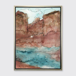 A teal, brown and black abstract landscape print in a silver floater frame hangs on a white wall.