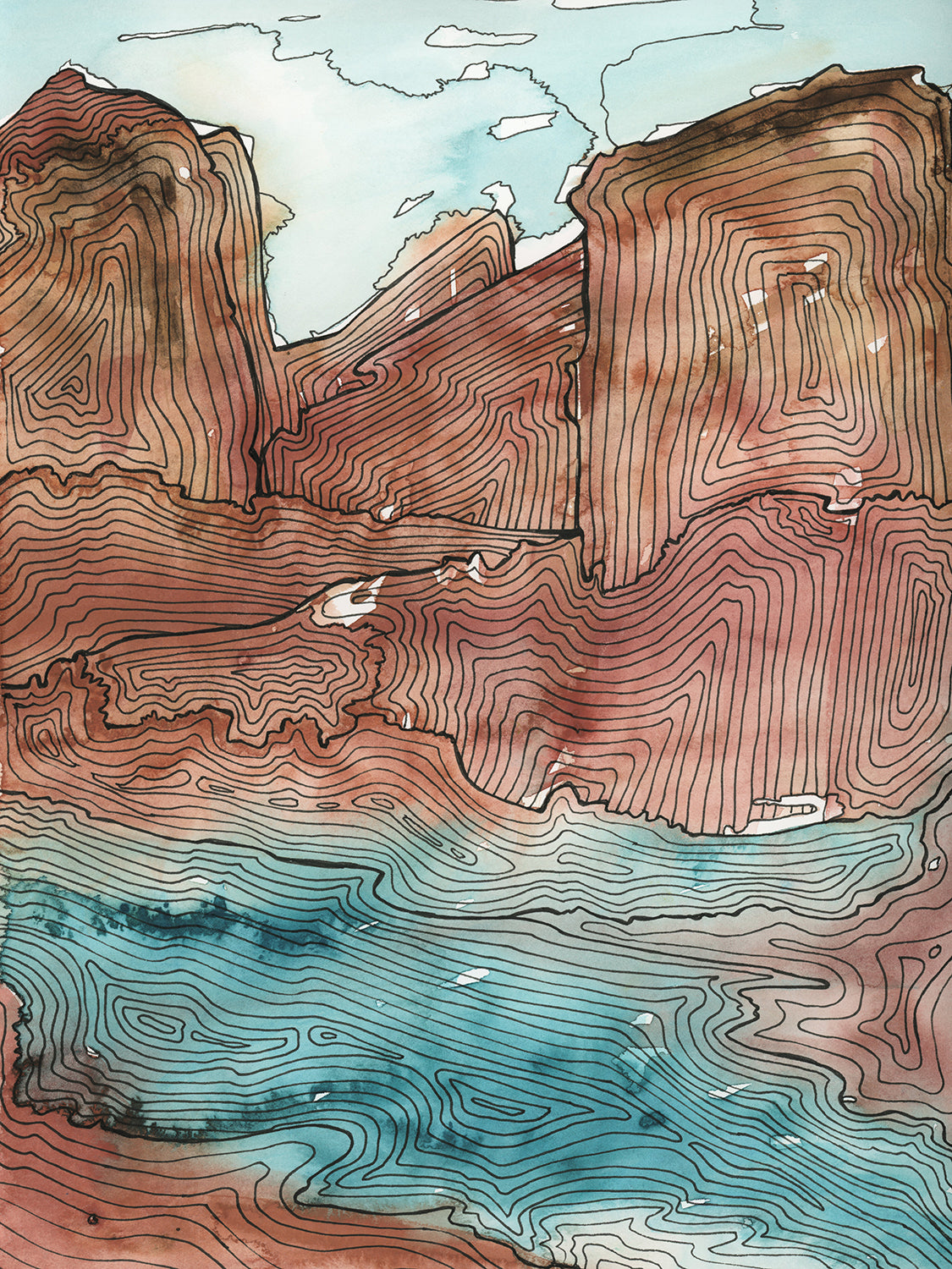A teal, brown and black abstract landscape print by Melissa Kircher.