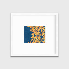 A blue, yellow and orange plant print in a white frame with a mat hangs on a white wall.