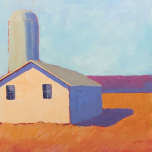 A painting of a barn and silo in the light of a setting sun. Wired and ready to hang.