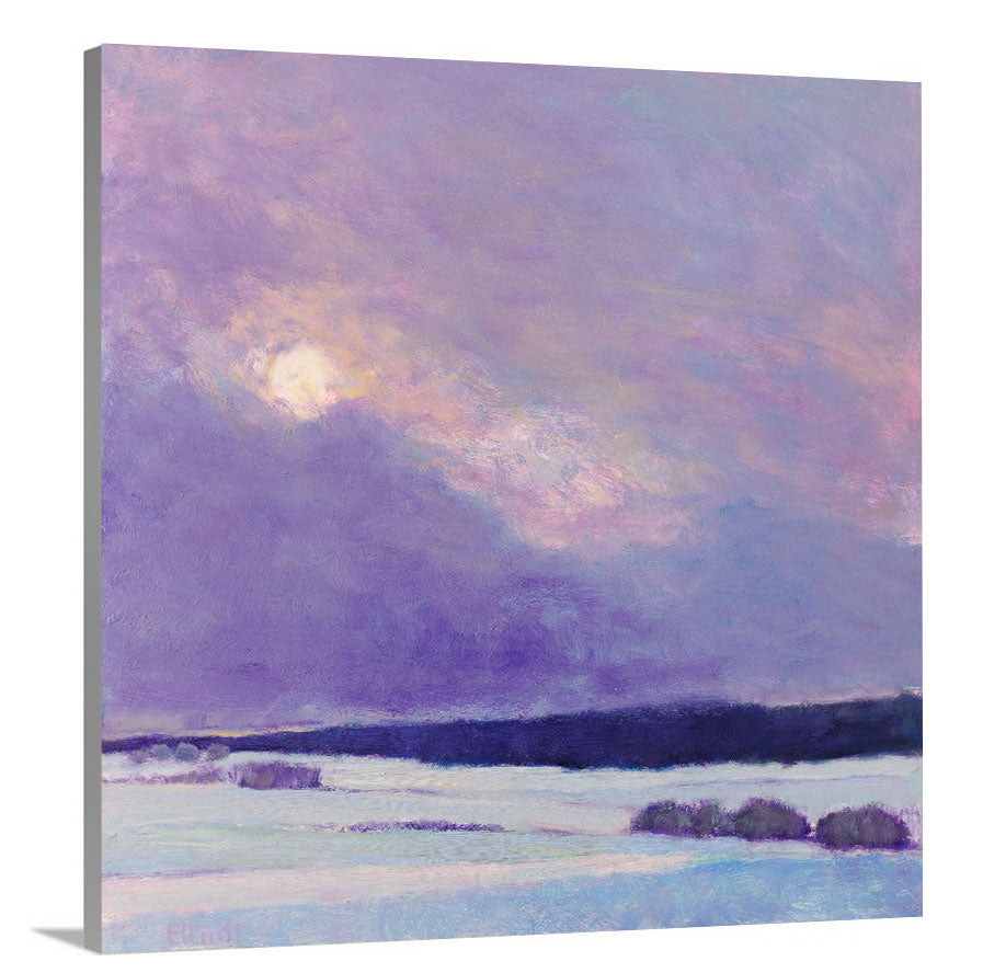 A side-angle view of a purple and white landscape print by Ken Elliott on canvas.