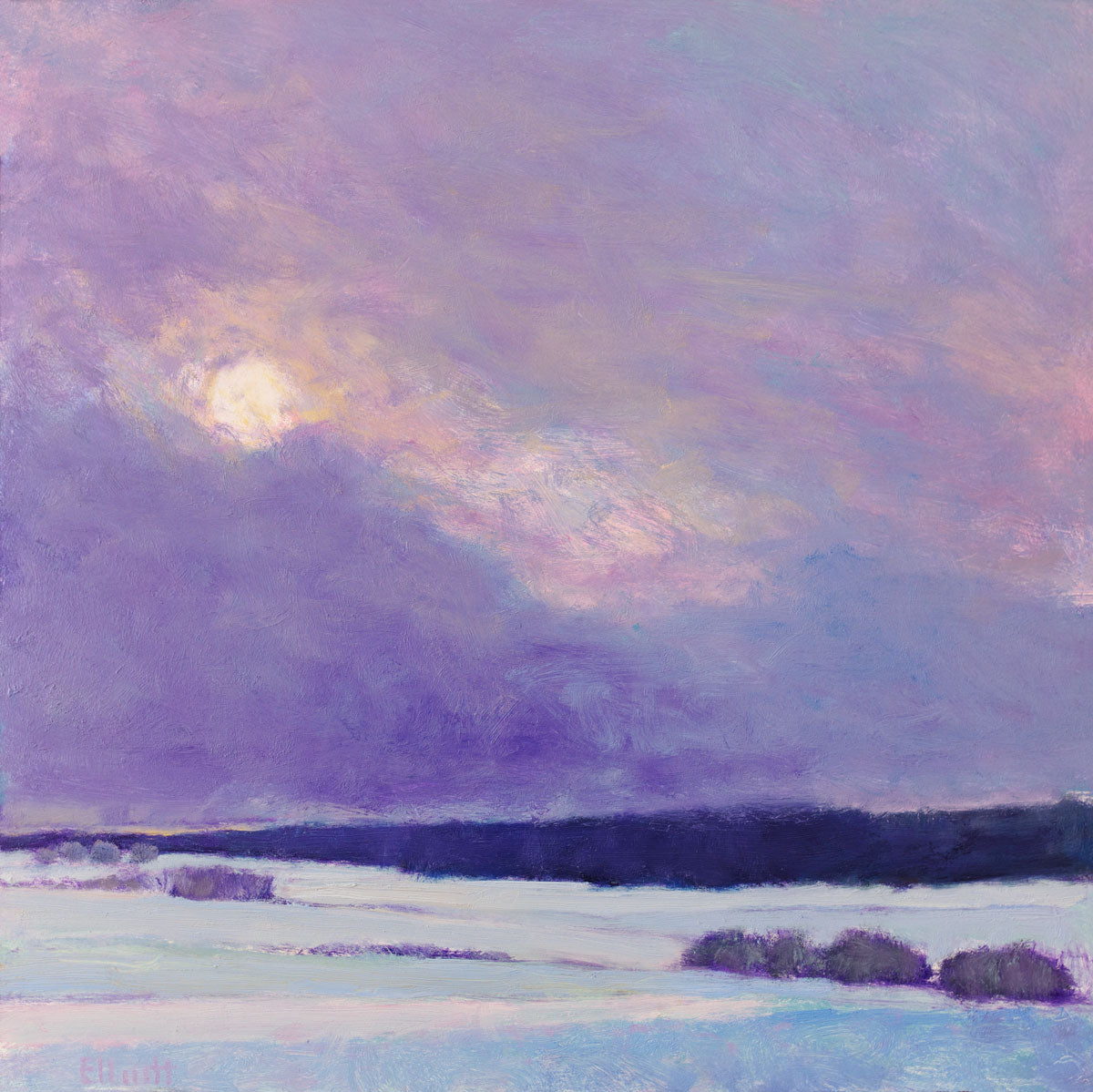 In a purple cloudy sky, a small bright spot of sun comes through. In the distance is a blue streak of a mountain range to give way to the snow covered foreground.
