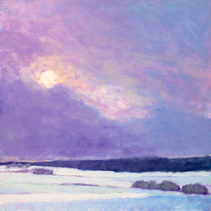 A painted scene of a snowy landscape with the sun peaking behind the purple and blue sky. 