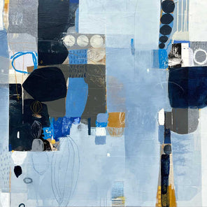 A multimedia abstract painting with blue and black forms, painted by Deborah T. Colter. Wired and ready to hang.