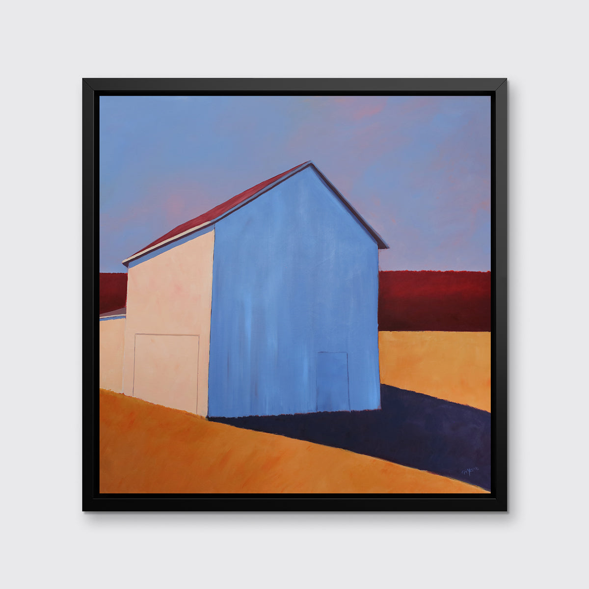 A lavender, red, beige and orange contemporary barn print in a black floater frame hangs on a white wall.