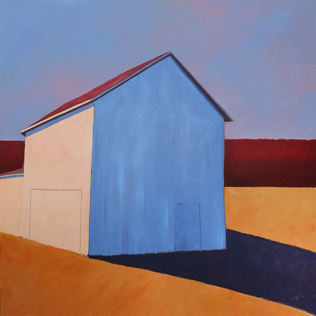 A painting of a white barn casting a long shadow. Wired and ready to hang.