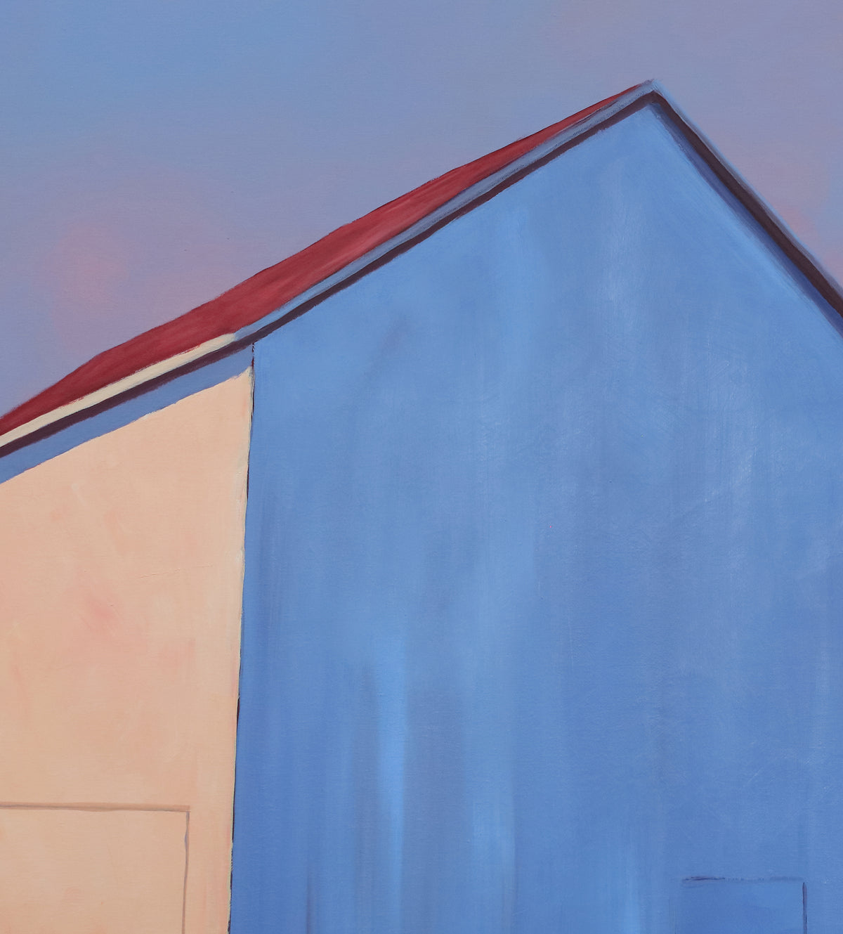 A detail shot of a painting of a white barn casting a long shadow.