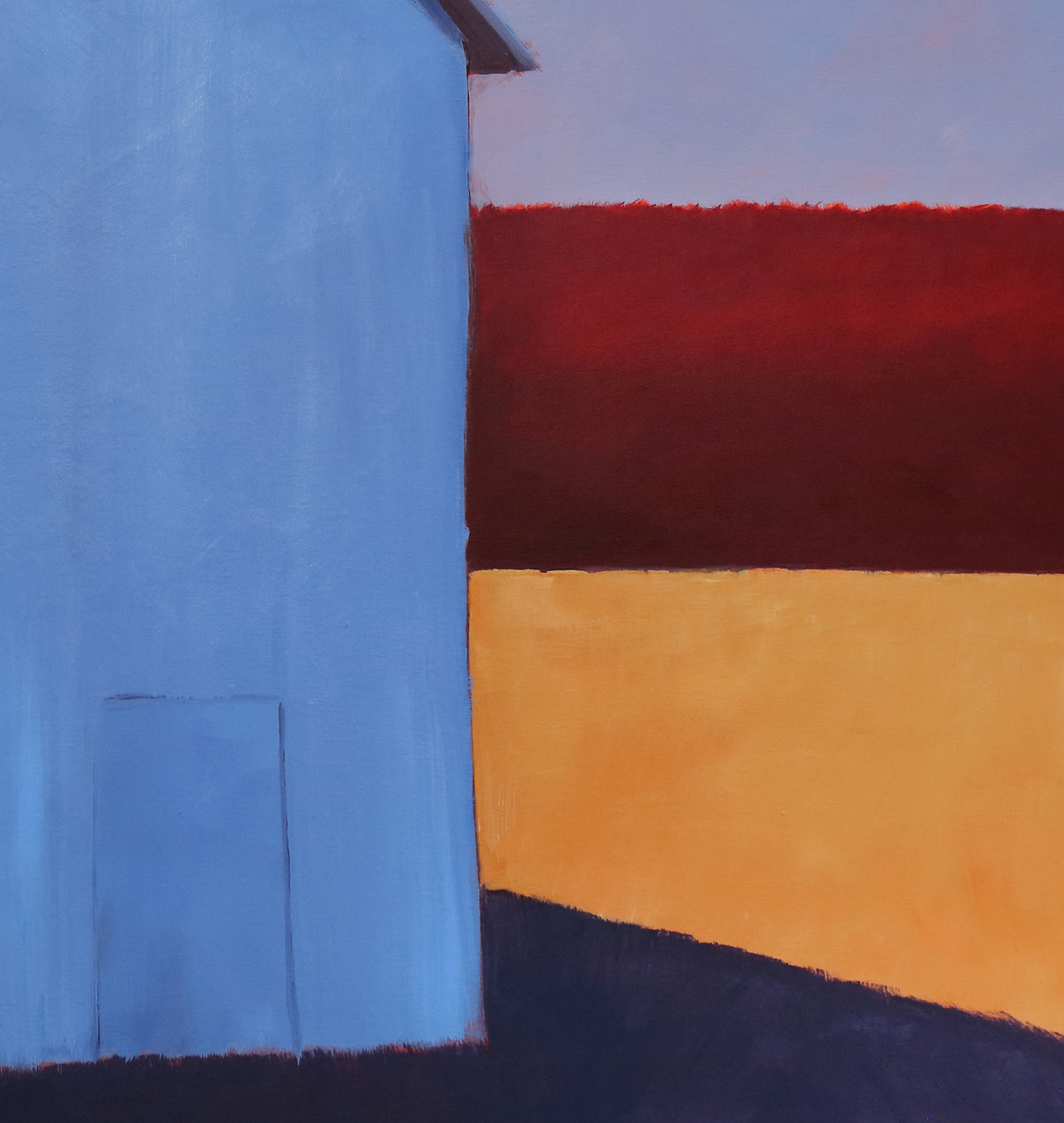A detail shot of a painting of a white barn casting a long shadow.