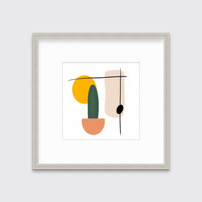 A minimal abstract print of a cactus by Hazal Ozturk in a silver frame with a mat hangs on a white wall.