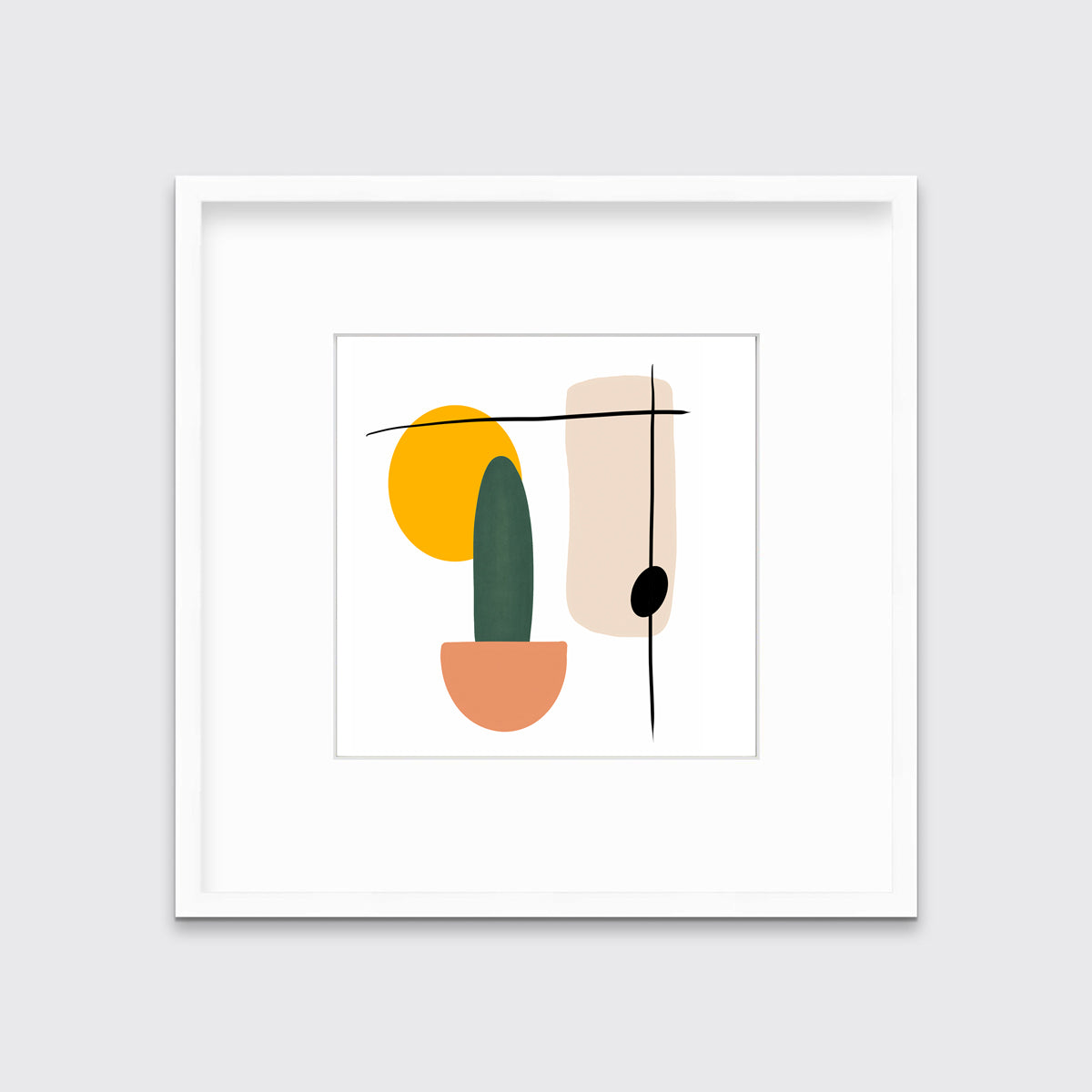 A minimal abstract print of a cactus by Hazal Ozturk in a white frame with a mat hangs on a white wall.