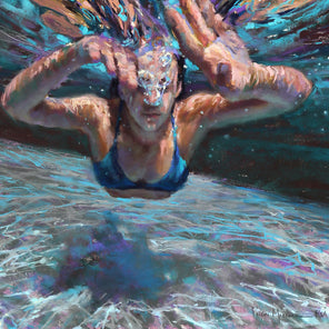 A teal, blue, purple and beige abstract figural pastel painting of a woman swimming underwater by Michele Poirier-Mozzone.