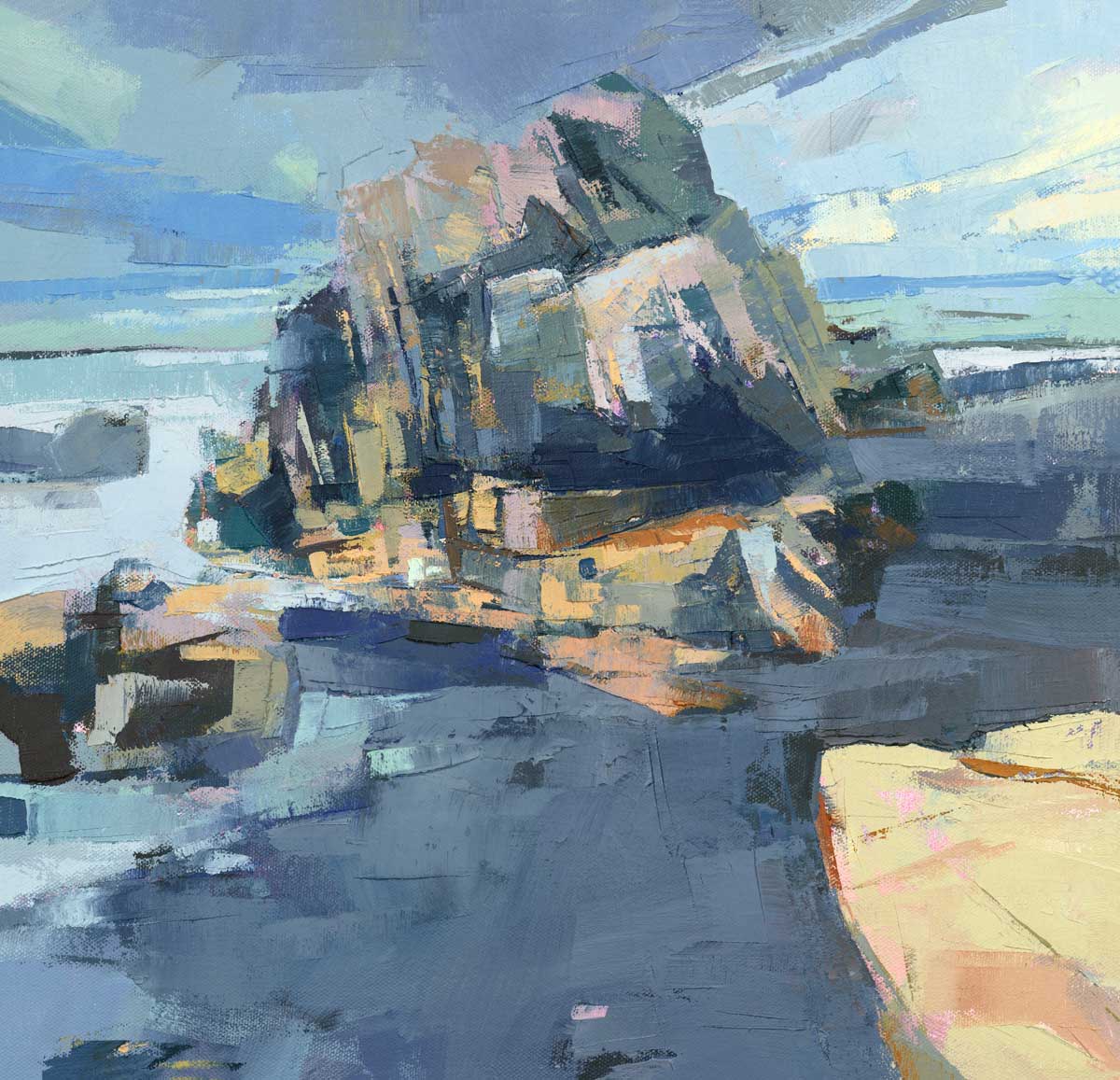 A blue, green and yellow abstract landscape print by Bri Custer.