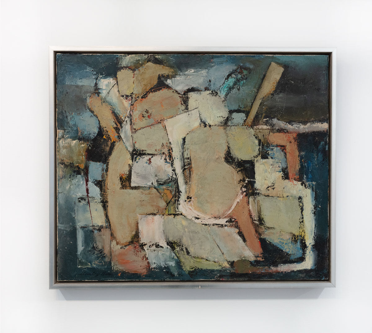 A painting of abstracted human forms is hung on a gallery wall. The painting is wired and ready to hang.