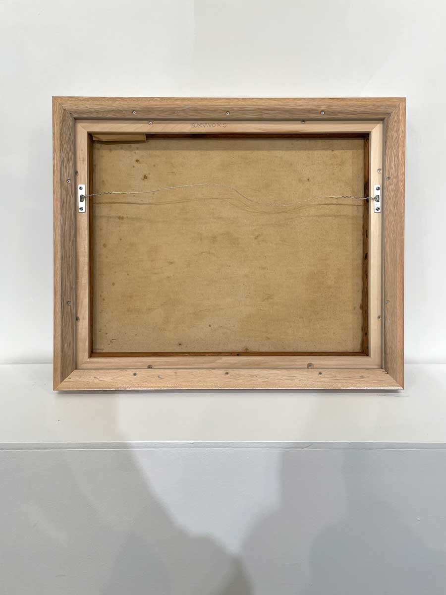The back of the painting reveals a wooden back, showing it was painted on board. The painting is wired and ready to hang.