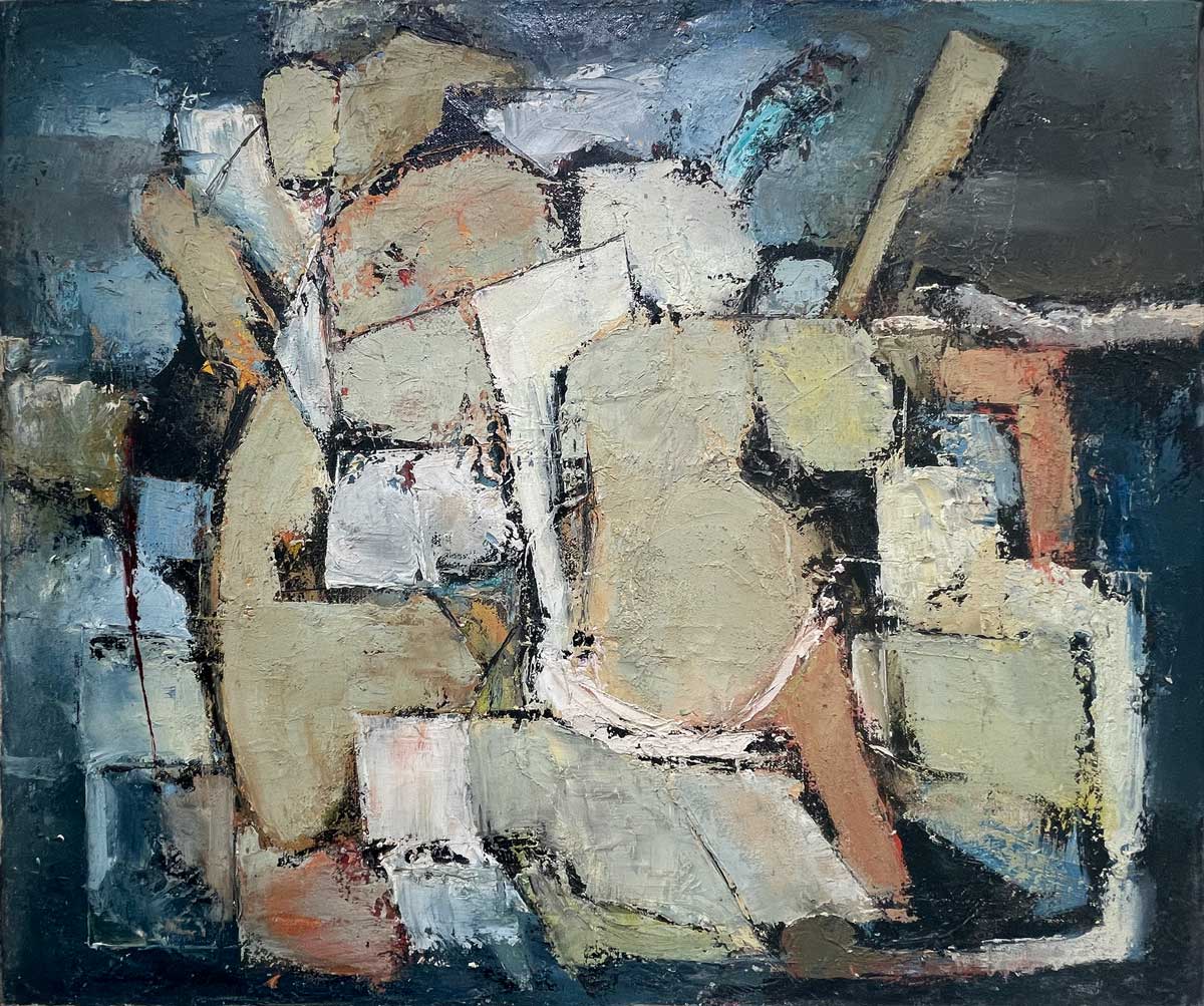 An abstracted mass of human forms hold a boat oar in a sea of navy blue paint. The painting has a scratched and textured surface.