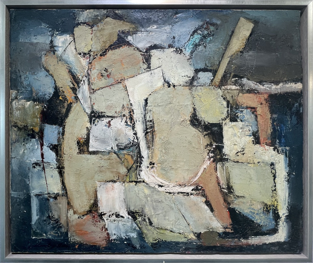 A painting of an abstracted mass of human forms holding a boat oar at sea is set in a silver frame.
