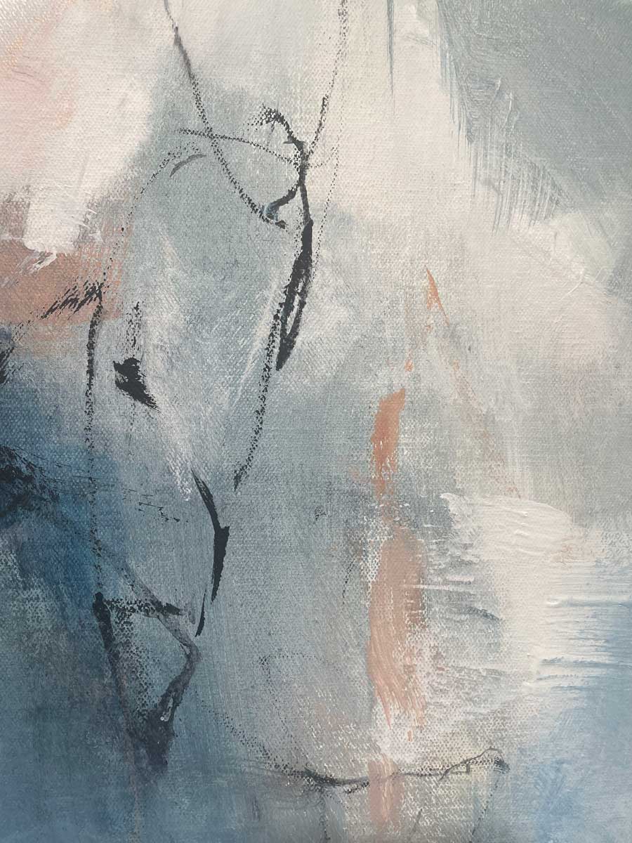 A close up detail image of the blue and white paint with hints of black and beige in Kelly Rossetti's painting. 