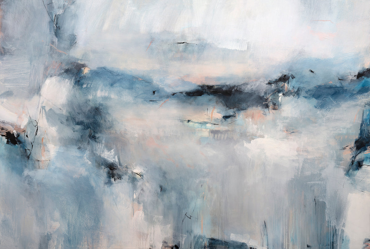 A blue and white abstract print with black and light yellow accents by Kelly Rossetti.