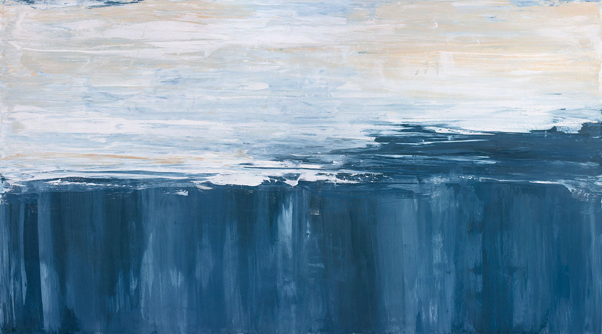 An abstract painting of blue and white forms converging. Wired and ready to hang.