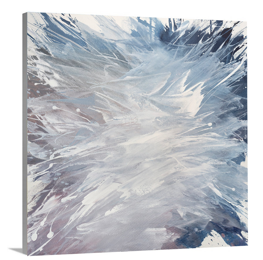 A side-angle view of a light purple, grey, white and blue abstract print on canvas.