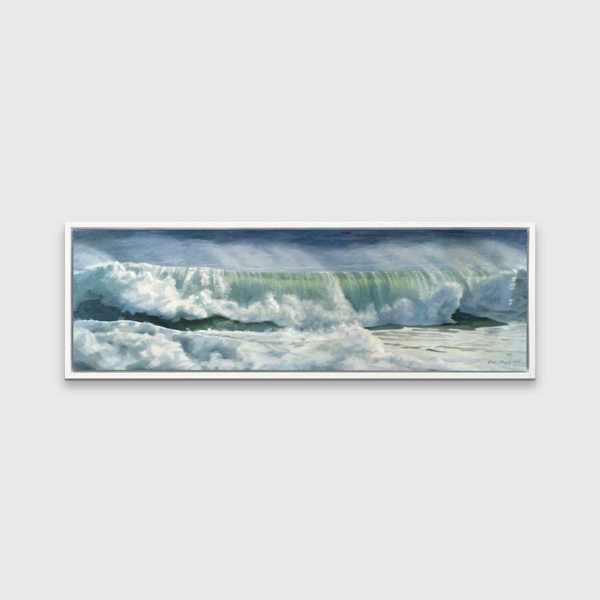 A blue, white and green abstract rolling wave coming to shore print in a white floater frame hangs on a white wall.