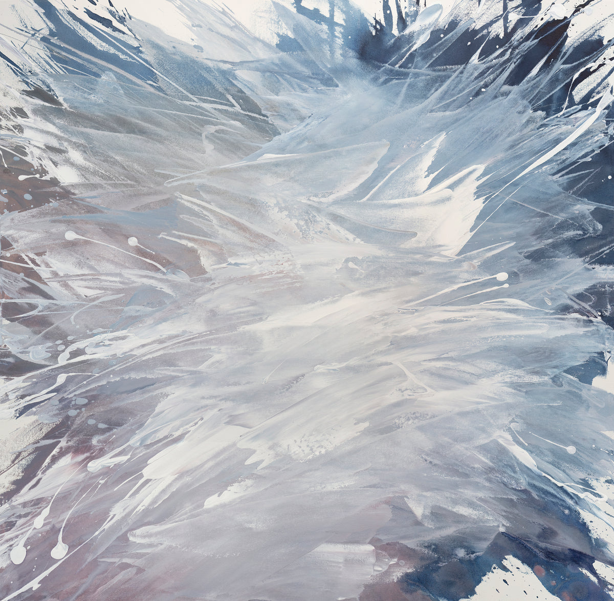 A white, blue, and lavender abstract painting by Teodora Guererra. 