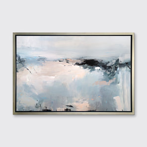 A light blue, white, light pink and black abstract print in a silver floater frame hangs on a white wall.