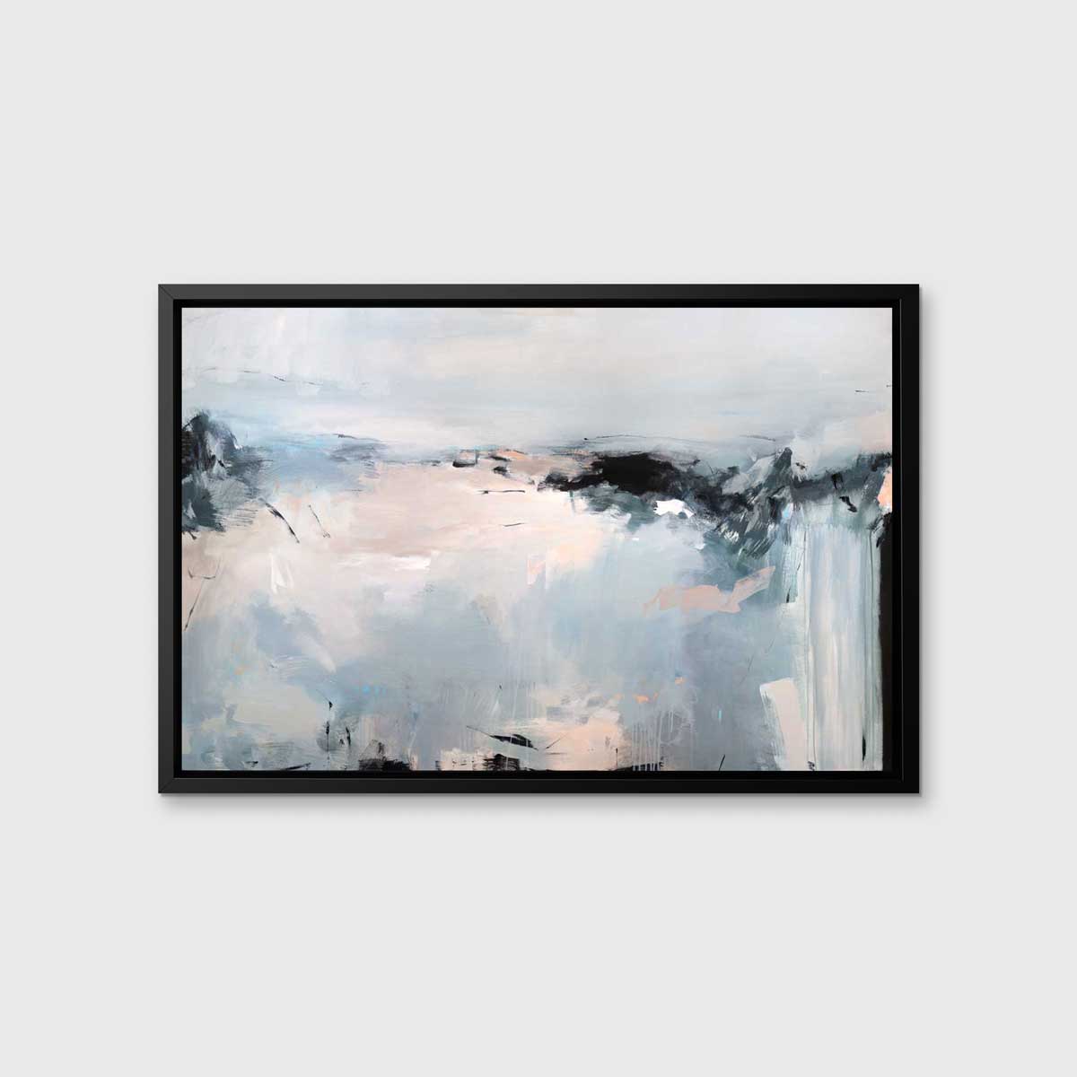 A light blue, white, light pink and black abstract print in a black floater frame hangs on a white wall.