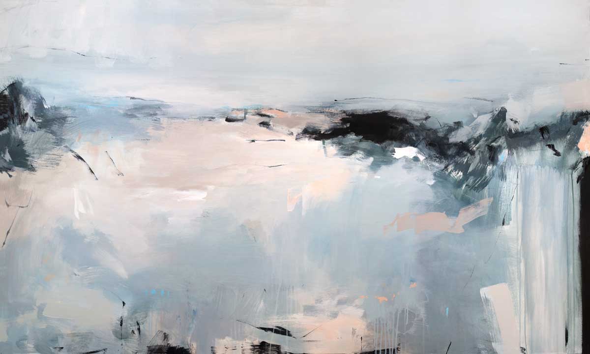 A light blue, white, light pink and black abstract print by Kelly Rossetti.