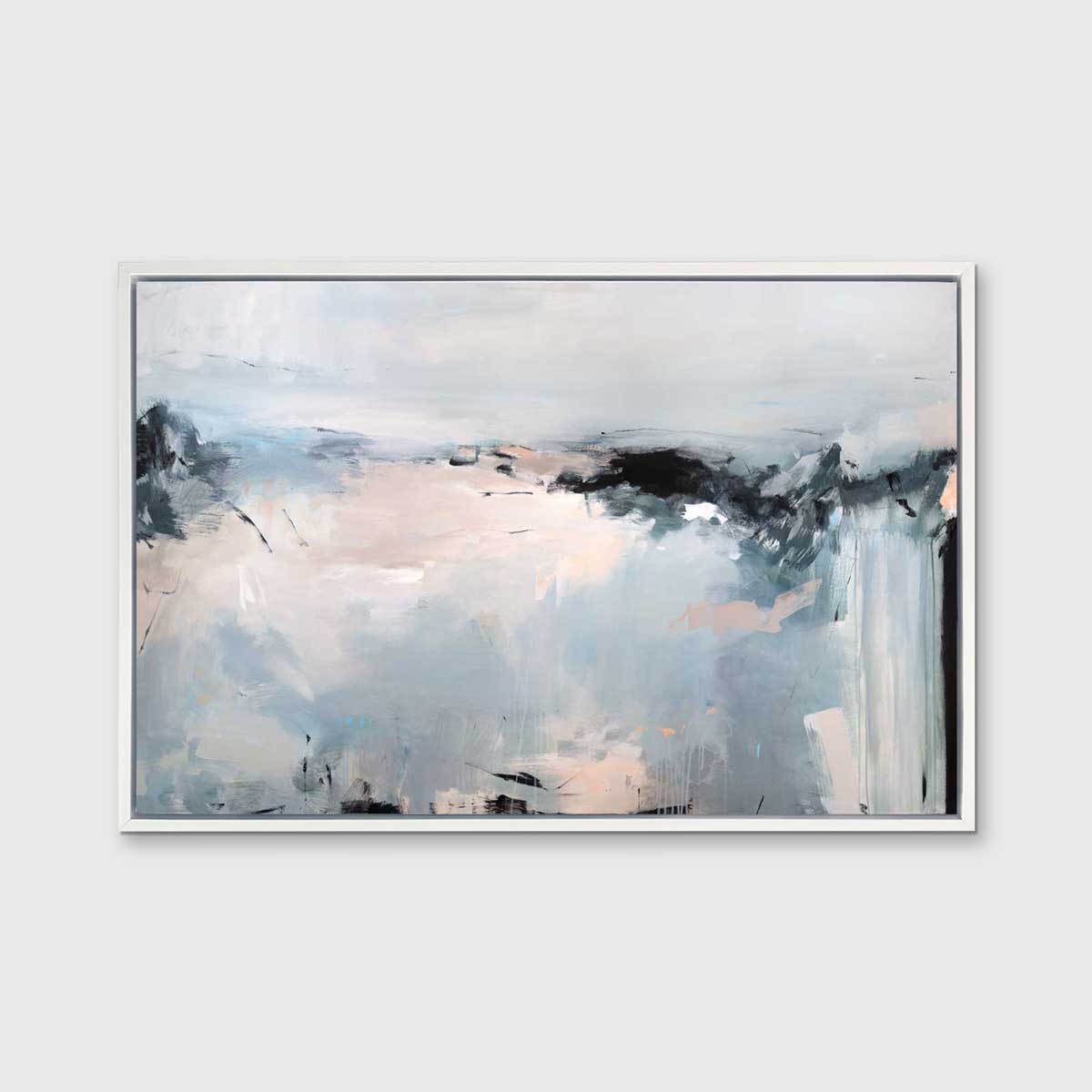 A light blue, white, light pink and black abstract print in a white floater frame hangs on a white wall.
