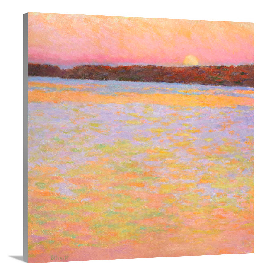 A side-angle view of a pink, orange, lavender and red impressionist landscape print on canvas.