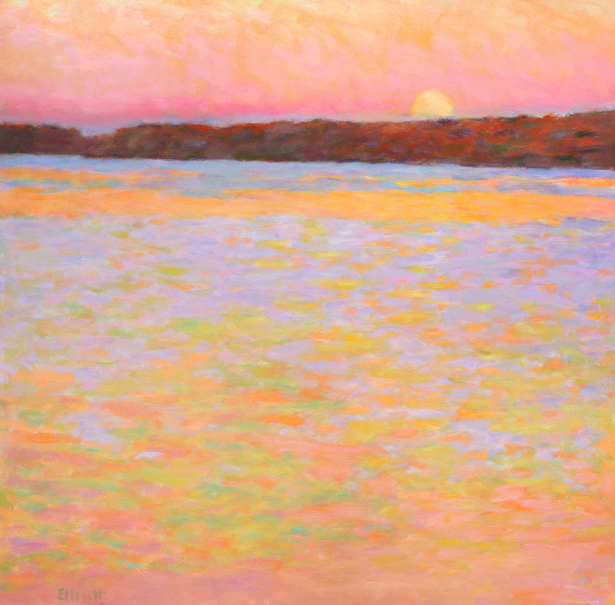 A pink, orange, lavender and red impressionist landscape print by Ken Elliott.