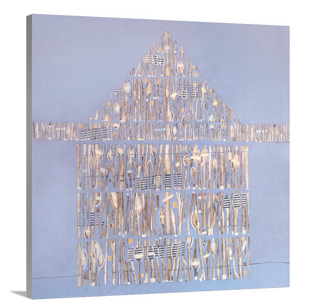 A side-angle view of a lavender and beige abstract house print on canvas.