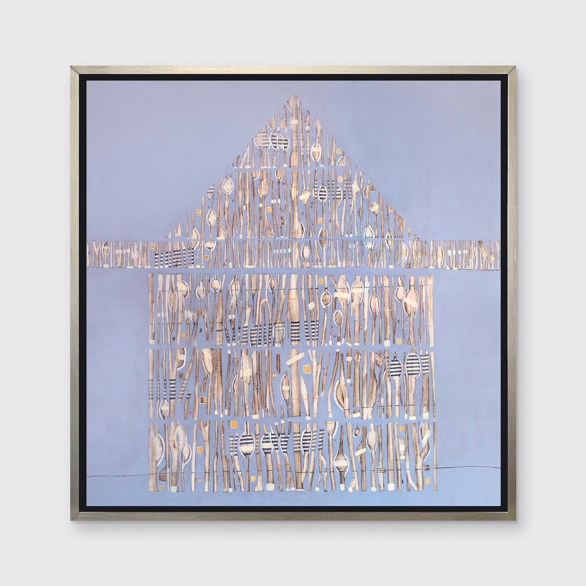 A lavender and beige abstract house print in a silver floater frame hangs on a white wall.