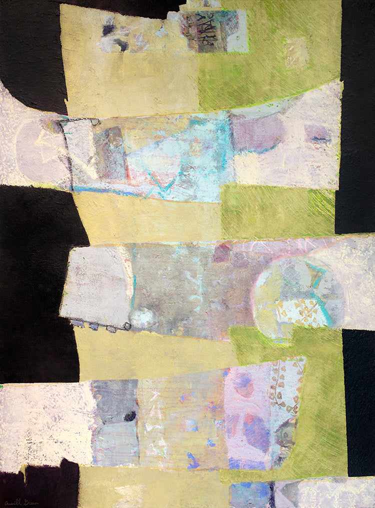 A green, black and beige abstract print with blue and purple accents by Christine Averill-Green.