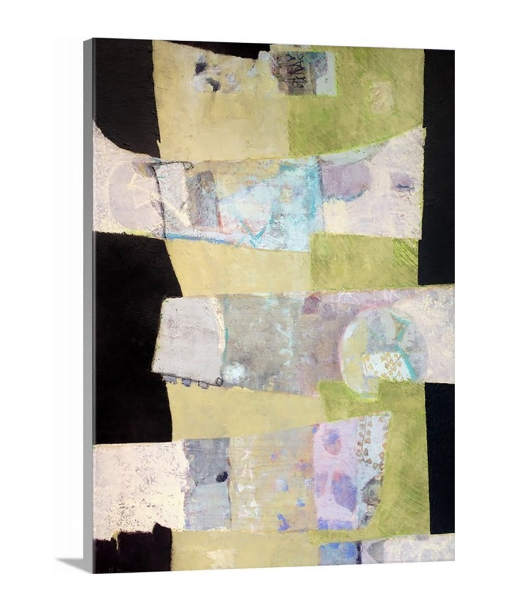 A side-angle view of a black, green and beige abstract print on canvas.