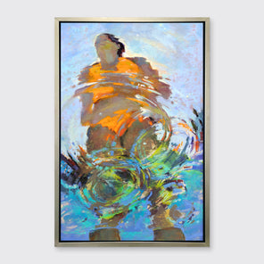 An orange, blue and green abstract figurative print in a silver floater frame hangs on a white wall.