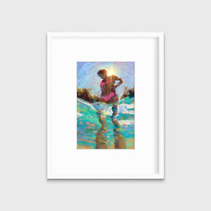 An abstract figurative print of a woman in a pink bikini surrounded by teal water in a white frame with a mat hangs on a white wall.