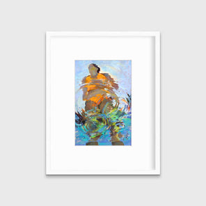 An abstract figurative print of a woman in an orange bikini in a white frame with a mat hangs on a white wall.