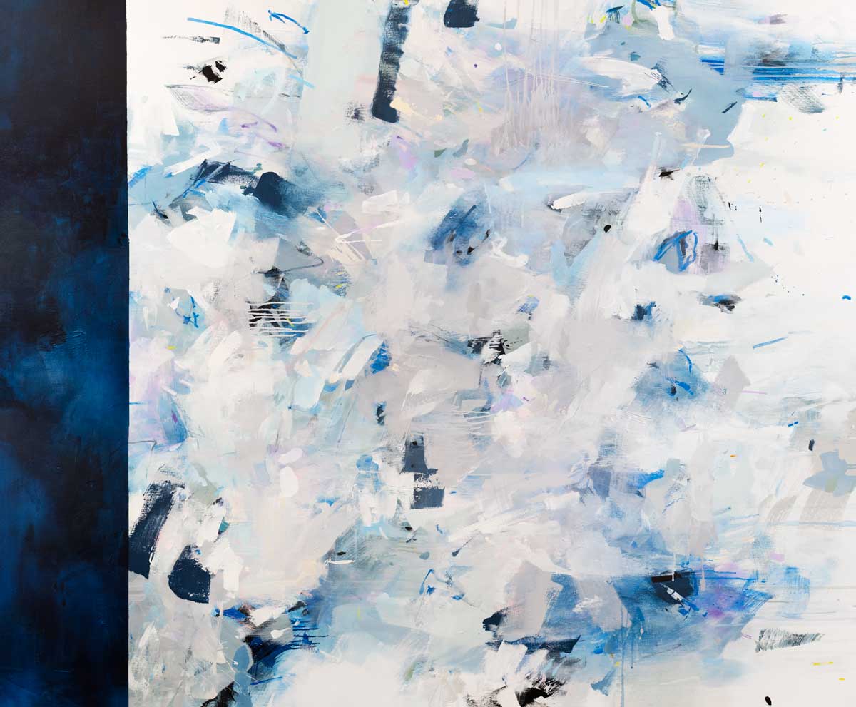A blue, white, and purple abstract painting with a navy blue thick line on the left side by Kelly Rossetti.