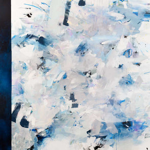 A blue, white, and purple abstract painting with a navy blue thick line on the left side by Kelly Rossetti.
