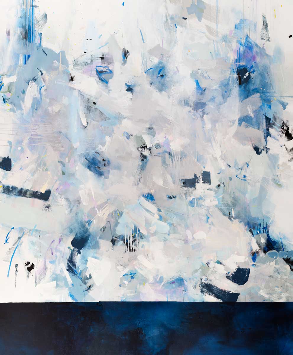 A blue, white and light grey abstract print by Kelly Rossetti.